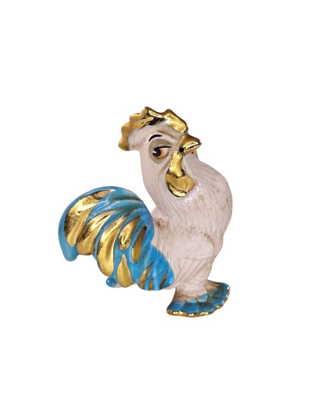 Walker Renaker Pink Bisque Rooster Figurine Gold Blue Accents Chicken *Chipped*